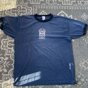 Vintage Y2K Tribal center logo Navy MauiBuilt ringer t shirt men’s XL DISTRESSED